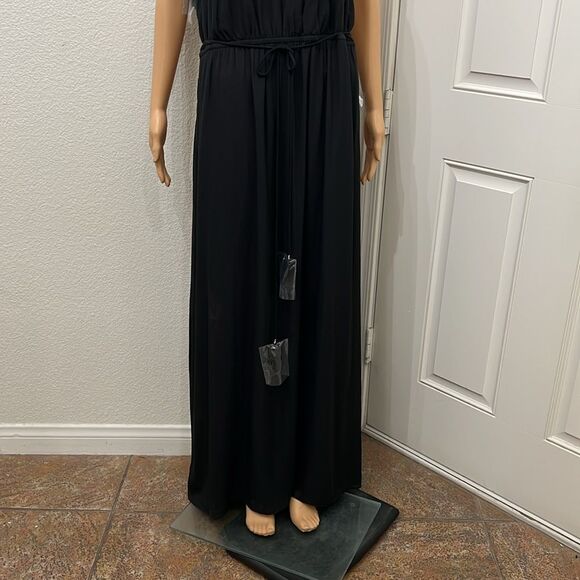 LOFT Black Maxi Dress Sz Large Adjustable Tie Strap Elastic Waist Tassel Straps - Picture 6 of 15